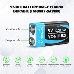 4 Pack 9V Block Rechargeable Batteries 6F 22 9 Volt 1300mAh for smoke detectors