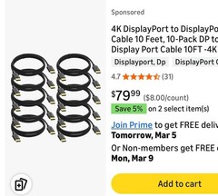 4K DisplayPort to DisplayPort Cable 10FT 10-Pack DP Cable 4K 60Hz 144Hz High Spe