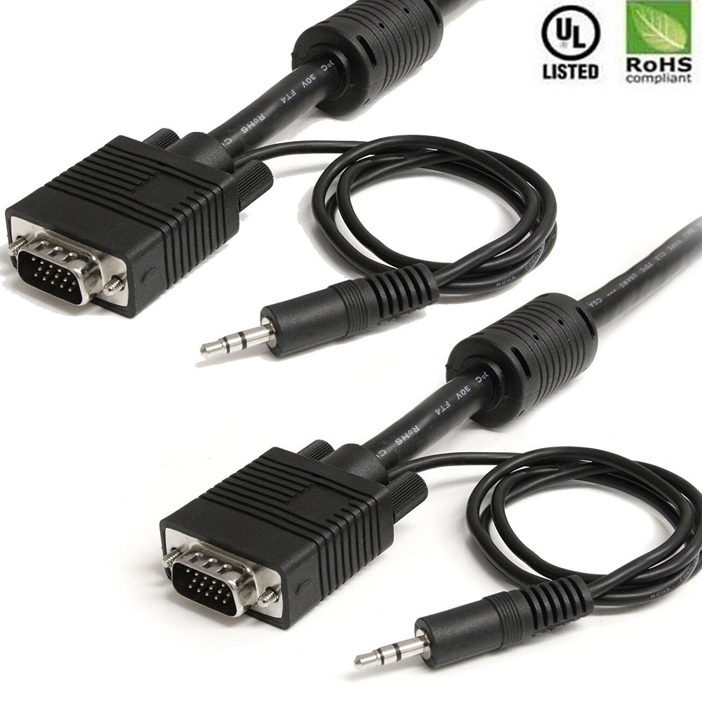 10FT SVGA VIDEO + AUDIO 3.5MM Cable 15-pin Male VGA PC Projector Monitor Display