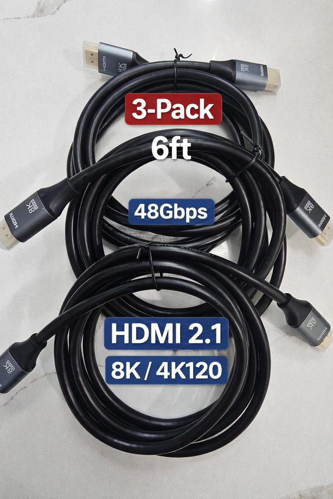 3-Pack HDMI 2.1 Cable 6ft 48Gbps 8K@60Hz 4K@120Hz eARC (3 Cables) PS5, xBOX