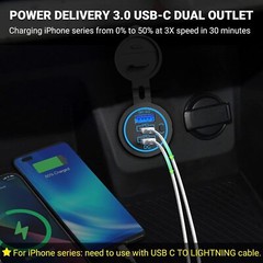 12V-24V QC3.0 + PD USB C Car Fast Charger Power Socket Outlet for Boat RV Marine