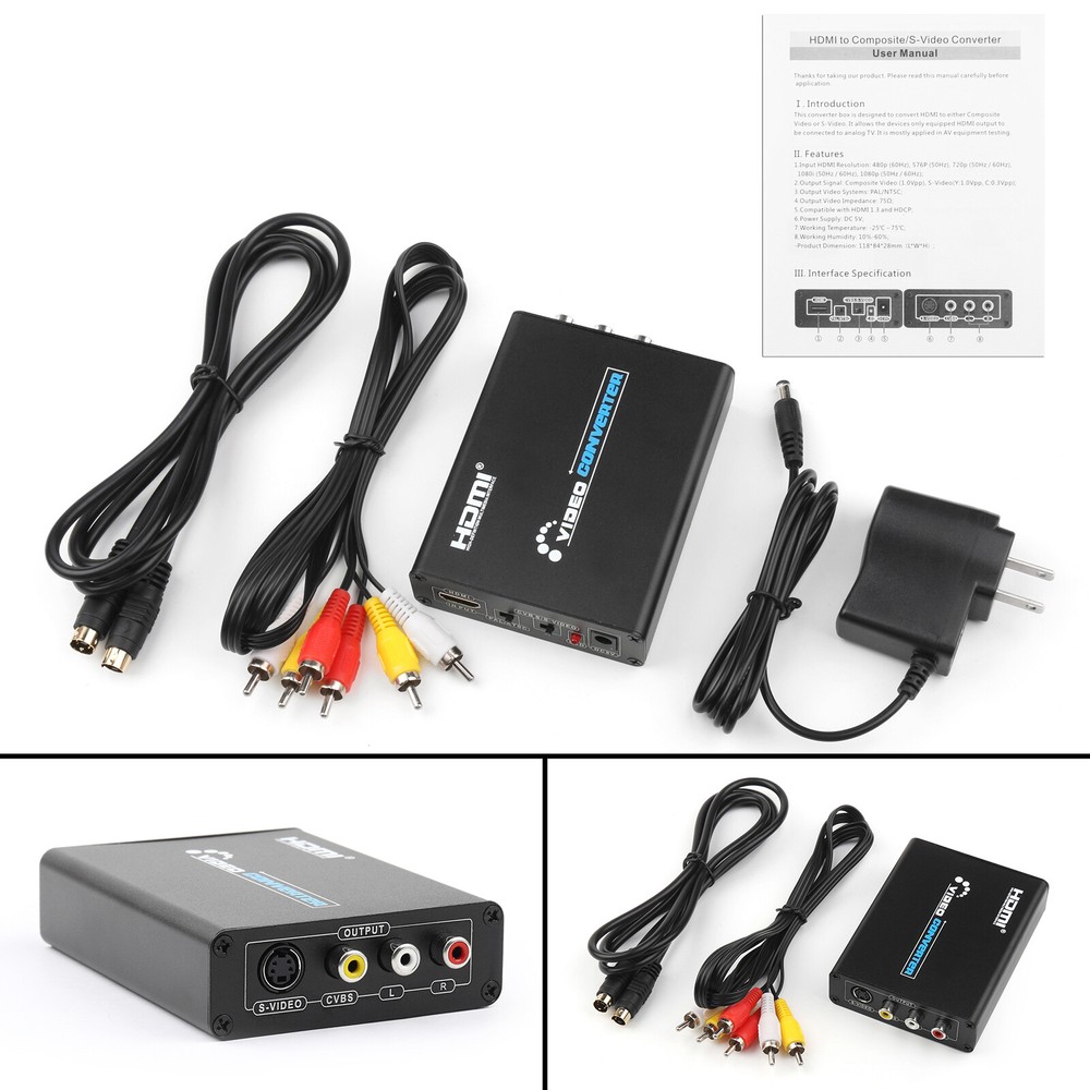 HDMI to 3 RCA AV +S-Video CVBS Composite R/L Audio 1080P Converter US Plug Power