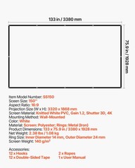 VEVOR Projector Screen 150 inch 16:9 4K 1080 HD Wall Mounted Projection Screen