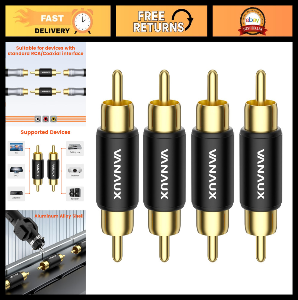 4PCS RCA Male to Male Couplers, Gold Plated Barrel Connectors for Audio & Video