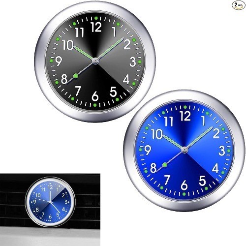 2 PCS Mini Car Clock for Dashboard, 1.5In Durable Metal Vehicle Luminous Clock w