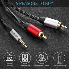 Braided 1ft 3.5mm AUX to 2RCA Stereo Cable with Gold-Plated Connectors
