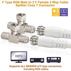 Coaxial Cable Splitter,T Shape TV Antenna Splitter/Combiner RG6 F Type Male to 2