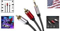 Braided 1ft 3.5mm AUX to 2RCA Stereo Cable with Gold-Plated Connectors