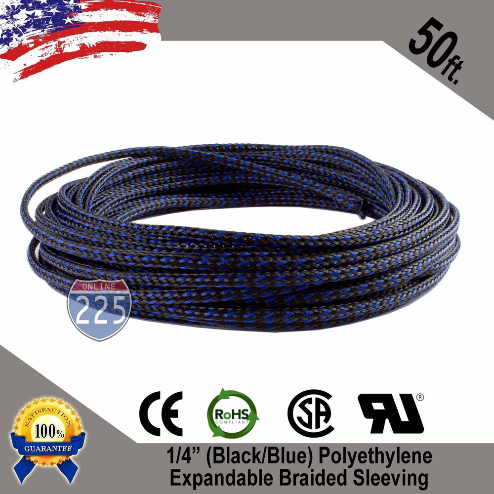 50 FT 1/4″ Black Blue Expandable Wire Sleeving Sheathing Braided Loom Tubing US