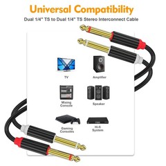 Dual 1/4 inch TS to Dual 1/4 inch TS Stereo Interconnect Insert Cable, PVC Ja…