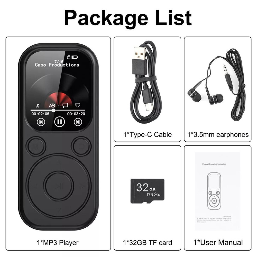 32GB MP3 Player Supports APE/FLAC Bluetooth 5.4 1.8″ HD Screen FM Radio Recorder