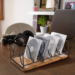 Rustic CD/DVD Storage Rack, 5-Slot Metal Wire & Wooden Base, Holds 25 Cases