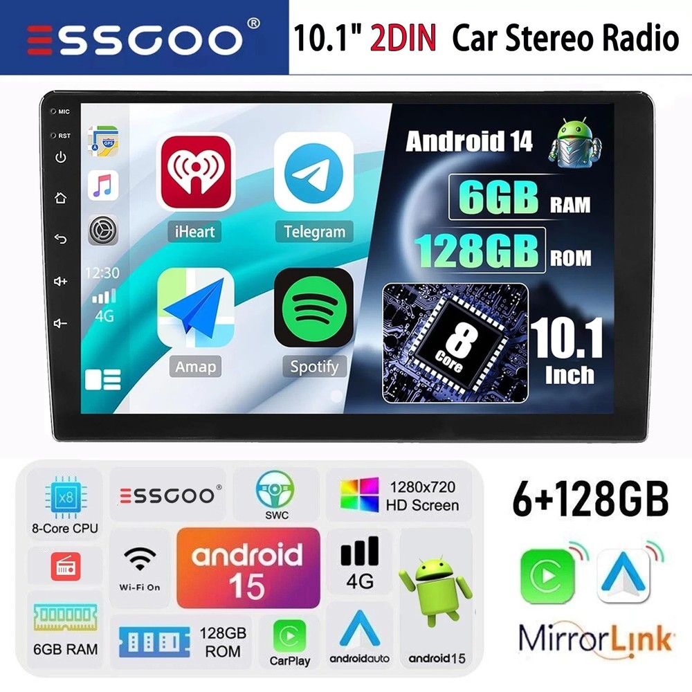 6GB+128GB QLED 10.1″ 2DIN Car Stereo Radio Carplay Android 15 8-core Navi WIFI