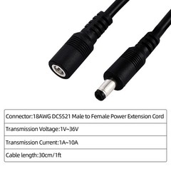 1FT DC Power Extension Cable 5.5mmx2.1mm 18AWG Male to Female 1ft, Black 2pcs