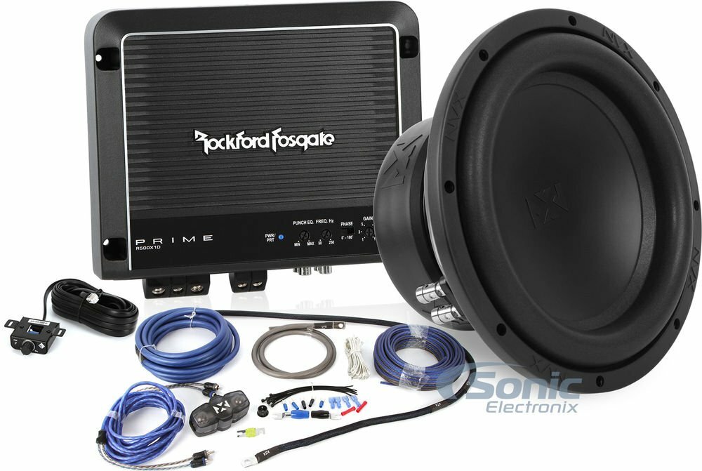 NVX VSW104v2 10″ Subwoofer w/ Rockford Fosgate R2-500X1 Mono Amplifier Bundle