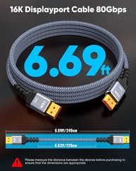 80Gbps Displayport Cable 2.1 6.6FT, 16K@60Hz, 8K@120Hz, 4K@240Hz, DP 2.1 Cable 1