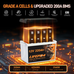 12V 320Ah Lithium LiFePO4 Battery,200A BMS for RV, Trolling Motor, Kayak, Solar