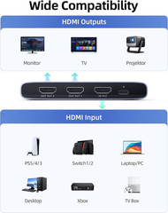 HDMI 2.1 Splitter 1 in 2 Out, 8K@60Hz 4K@120Hz/240Hz, SST & Mirror Mode