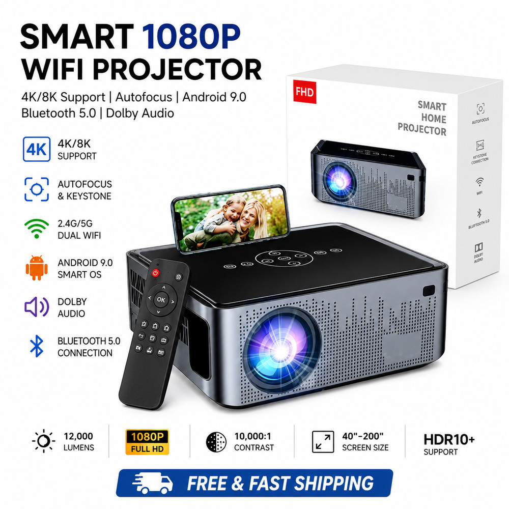 AUSHA Android Led Auto Focus Projector with 4K 8K Support & Dolby Audio