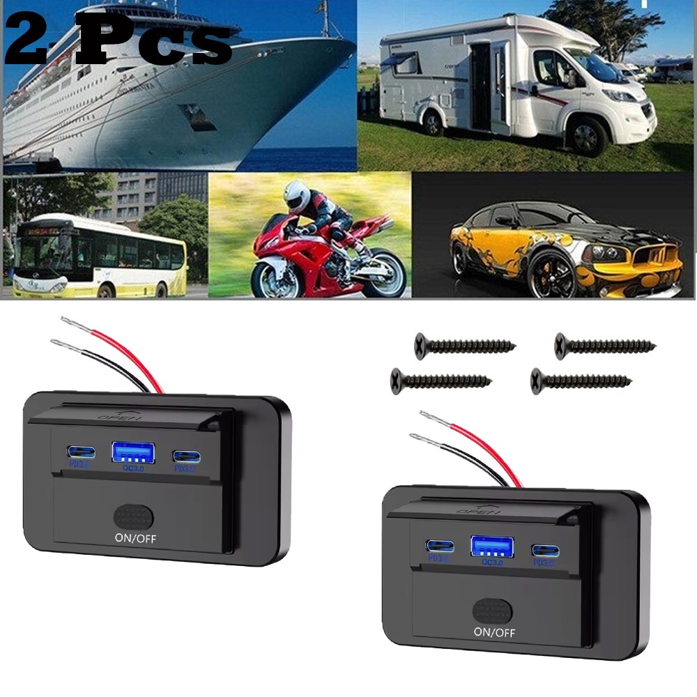 2X 12V Dual USB QC3.0&PD Port Car Fast Charger Socket Power Outlet On-Off Switch