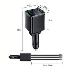 7-in-1 Retractable Car Charger — Features 3 Retractable Type-C Cables, Fast Char