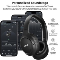 TOZO HT2 Hybrid Active Noise Cancelling Over Ear Headphones, Black (Renew)