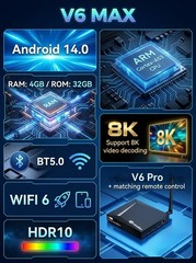 Vseebox V6 Pro Android 14 TV Box with 4GB RAM 32GB ROM & Bluetooth Voice Remote
