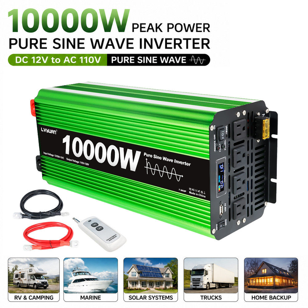 10000W Peak Pure Sine Wave Inverter 12V DC to 110V AC with LED Remote Control