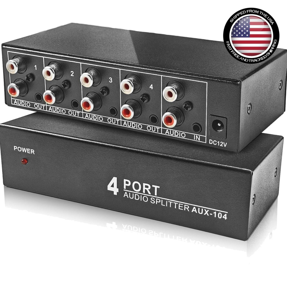 3.5mm Aux + RCA L/R Audio Splitter 1 in 4 Out Stereo Analog Black