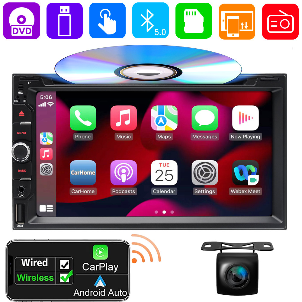 Backup Camera 7″ 2Din Car Stereo Radio CD DVD Player Bluetooth CarPlay GPS Auto