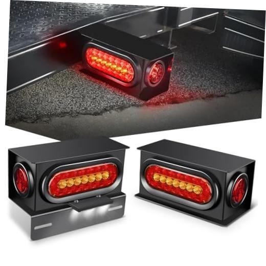 2 PCS Steel Trailer Light Boxes Red Amber Oval+ Red Marker Trailer Light Box