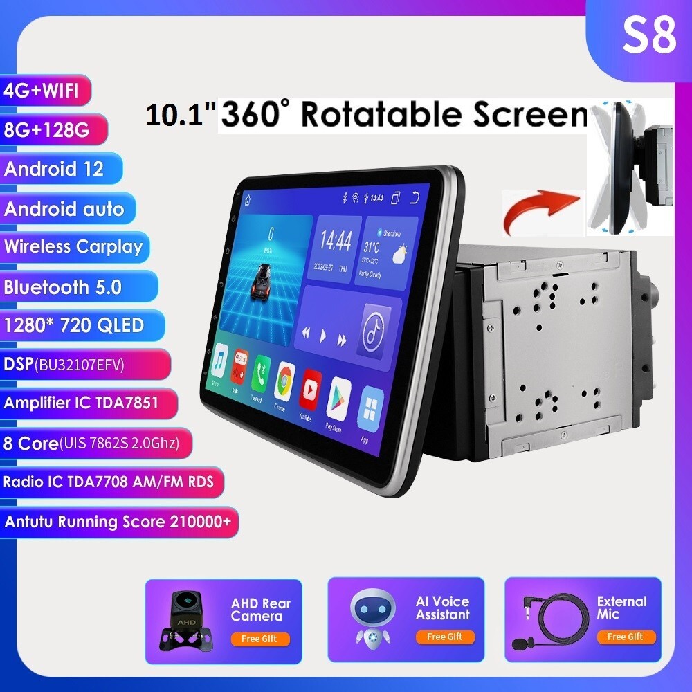 10.1” Android 12 8+128GB Rotatable QLED Car Stereo Radio GPS Wifi Double 2 DIN