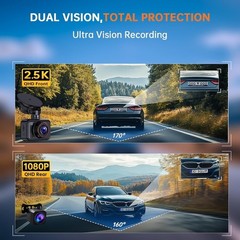 2.5K Dual Dash Cam Front Rear 2560P 170° Wide Angle Night Vision Parking Monitor