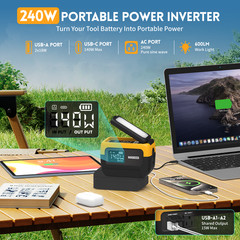 240W Pure Sine Wave Inverter for DeWalt 20V Battery Portable AC Outlet LED Light
