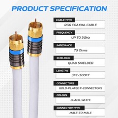 RG6 Quad Shield Coax Cable w/F-Connectors White/Black / 3ft – 100ft / 2-Pack LOT