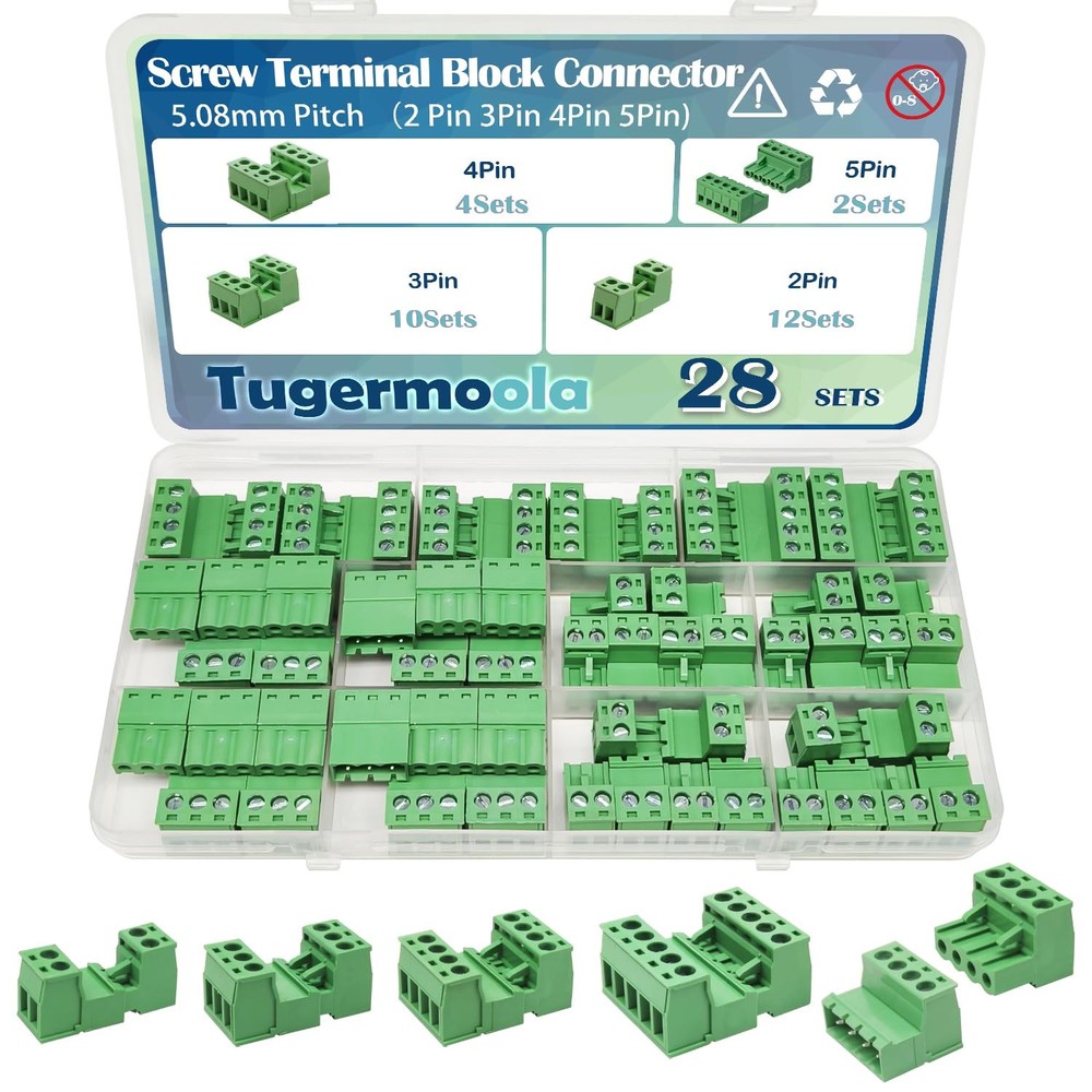 28 Sets Screw Terminal Block Connector Assortment Kit 5.08mm Pitch PCB 2Pin 3…