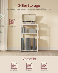 Record Player Stand 3 Tier Vinyl Storage Side Table Holds 100 Albums Rustic Whit