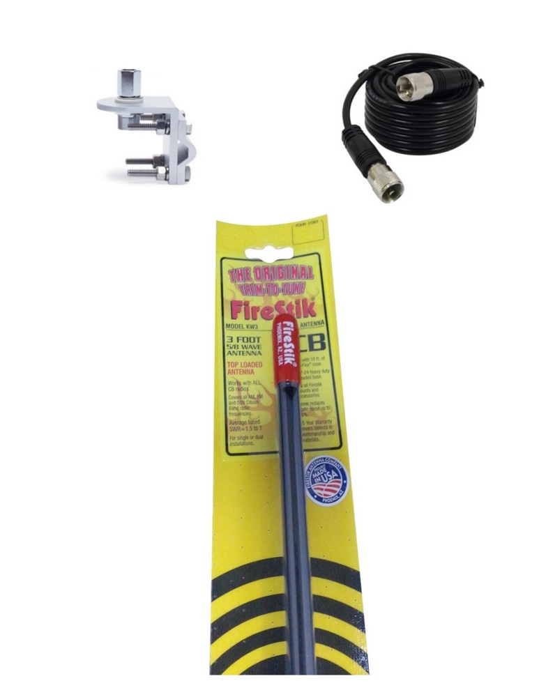 NEW FIRESTIK KW3 B 3FT BLACK CB ANTENNA,18FT COAX, BRACKET & STUD