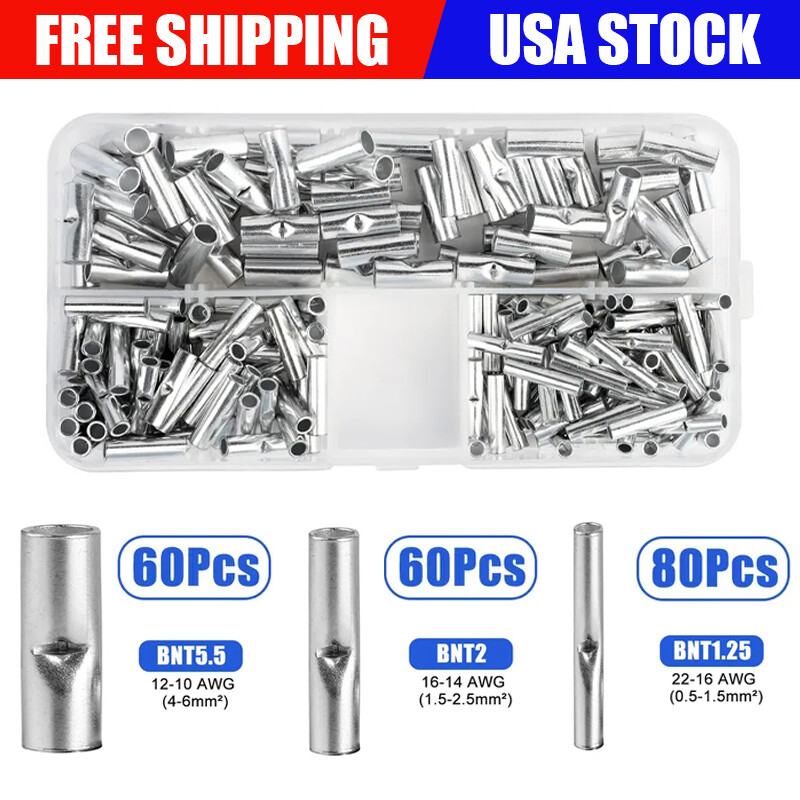 200x Copper Bare Wire Splice Terminals Ferrule Butt Crimp Connectors 22-10 AWG
