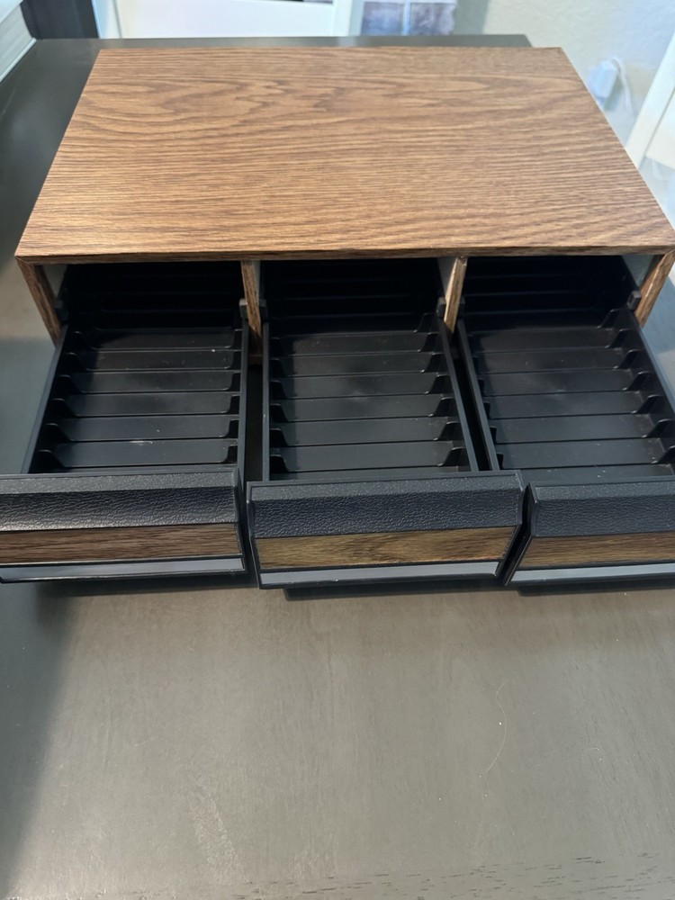 Wood Grain Audio Cassette Storage Box Cabinet w/ 3 Pull-Out Drawers Brown/Black