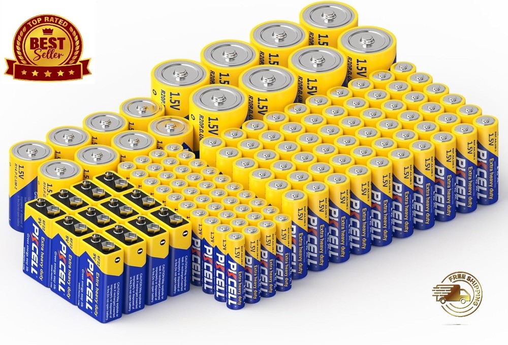 128-Count Battery Combo Pack: AA, AAA, C, D, and 9V for Household Use