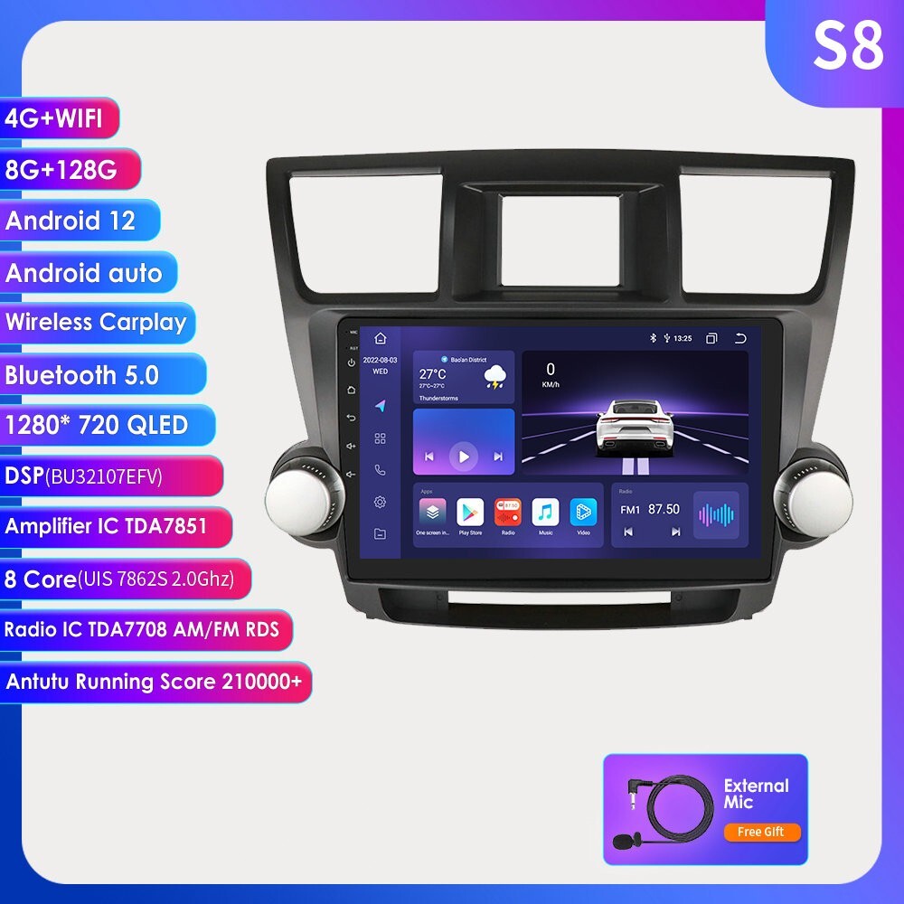 8+128GB Android Carplay For Toyota Highlander 2008-13 Car Stereo Radio GPS Navi