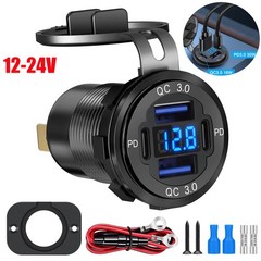 12V-24V PD + QC3.0 Dual USB Car Fast Charger Power Socket Outlet LED Voltmeter