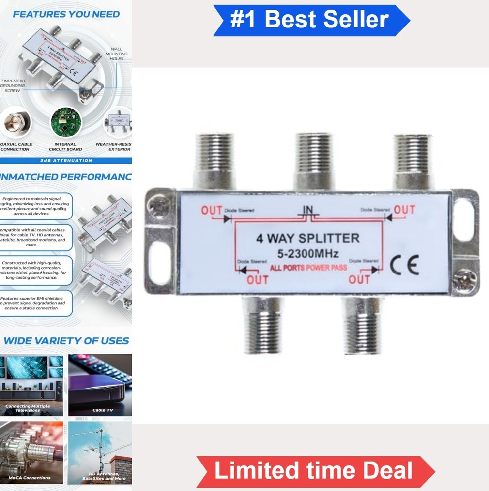 Coaxial Antenna Splitter 4 Way 5-2300 MHz Waterproof Outdoor Indoor RG6