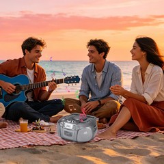 Silver Portable Bluetooth CD Cassette Boombox AM FM Radio USB Stereo Speaker