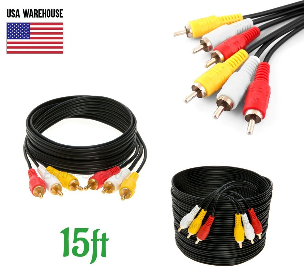 15ft 3RCA Male to Male Composite Extension Audio Video AV Cable Yellow Red White