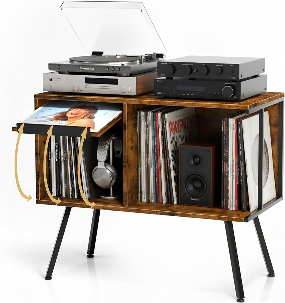 Flip-Top Record Player Stand Large Media Cabinet with Open Storage Rustic Brown