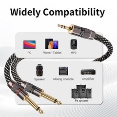 3.5mm TRS to Dual 6.35mm TS Y Splitter Audio Cable, 24K Gold-Plated, Braided, 4.