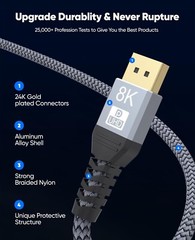 UHD 8K DisplayPort 10FT Cable 8K@60hz, 4K@144hz32.4Gbps, HDR, HBR3 DP to DP Cord