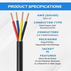 Outdoor Alarm Cable Solid 500ft CL2 Rated 22/2 AWG CCA Security